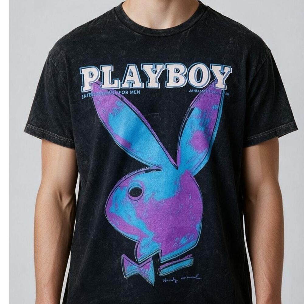 Playboy Vintage Distressed Style Bunny Logo Short Sleeve T Shirt Unisex M Black